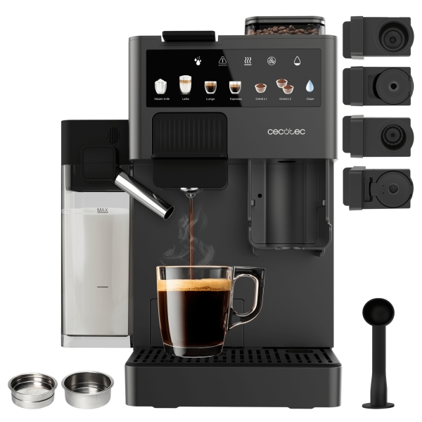 Cecotec Freestyle Grind and Latte Cafetera Espresso Compatible con Capsulas - 1400W - Presion 20bar - Deposito de 1.6L - Capacidad 40g de Cafe - Tanque de Leche - Molinillo - Color Negro