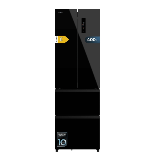 Cecotec Bolero CoolMarket Combi F2D 400 Black Glass E Frigorifico Puerta Francesa de 4 Puertas - 400L - Luz LED - Compresor Inverter - Total Nofrost - Puerta de Cristal - 60x64x191cm - Color