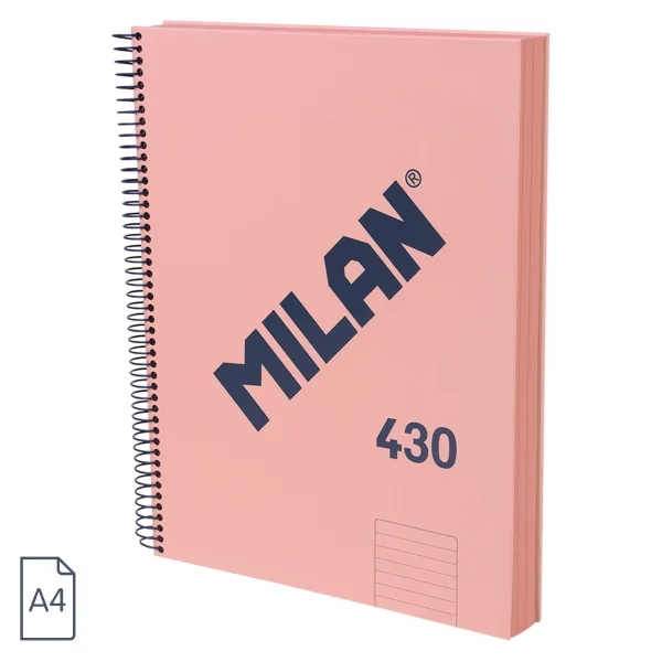 Milan 430 Since 1918 Cuaderno A4 con Espiral - Papel a Lineas de 7mm - 120 Hojas de 95g - Tapa Dura - Color Rosa