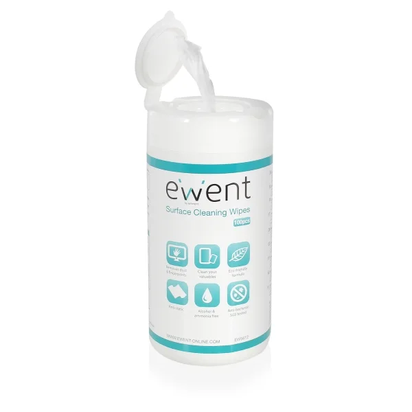 Ewent Toallitas de Limpieza para Pantallas - Antibacteriano - Antiestatica - Sin Alcohol - Color Blanco