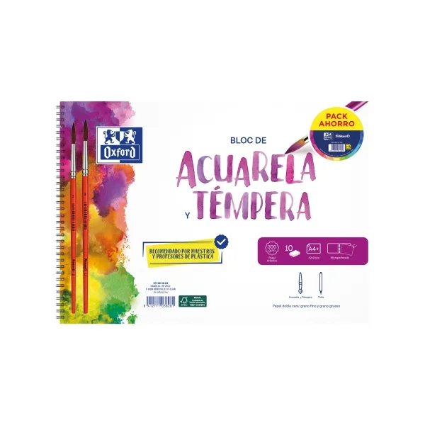 Oxford Bloc de Espiral para Acuarelas - Formato A4 - Pinceles Incluidos - 10 Hojas de 300g
