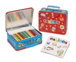 Carioca Caja Metalica con 100 Rotuladores Punta Fina y Tinta Superlavable - 1 Album para Colorear - Dedicado a Pequeños Artistas - Color Varios