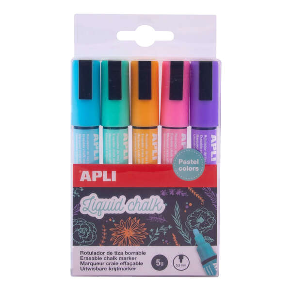 Apli Pack de 5 Rotuladores de Tiza Liquida Punta Redonda - Punta 5.5 mm - Secado Rapido - Colores Pastel Surtidos