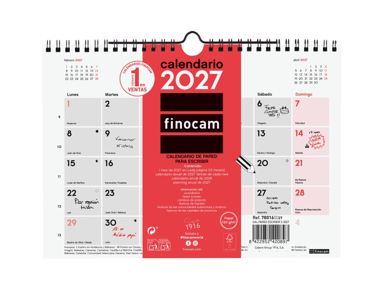 Finocam Neutro Calendario de Pared - Anual 2027 - Mes Vista - Formato S - 210x150mm - Espiral Doble - Papel de 120g/m2 - Espacio para Escribir - Color Rojo y Blanco