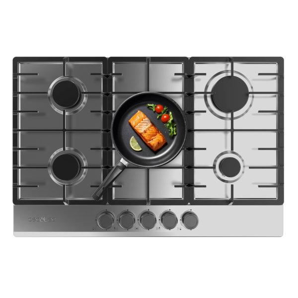 Cecotec Bolero Squad G 5200F Inox Cocina de Gas Encastrable - 5 Quemadores - Acero Inoxidable - 11kW - Parrillas de Hierro Fundido - Inyector Convertor a Glp - Color Acero