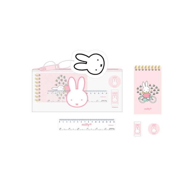 Safta Miffy Flores Pack Escolar con Portatodo de PVC - Cierre ZIP - Regla 15cm - 2 Lapices - Sacapuntas - Goma - Bloc de Notas con 70 Hojas - Multicolor