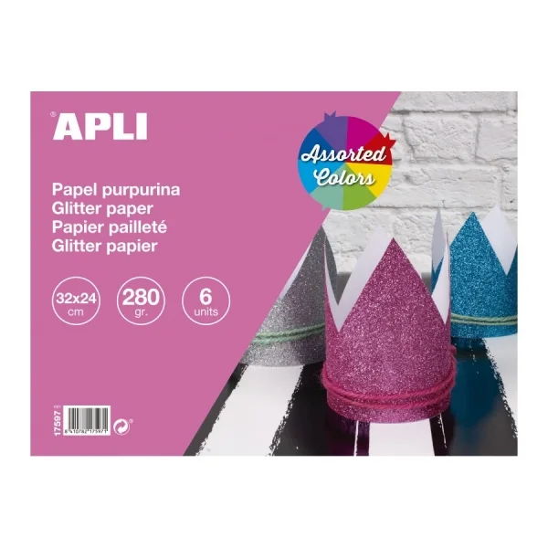 Apli Bloc con 6 Cartulinas Purpurina 280gr - Ideal para Manualidades y Scrapbooking - Colores Surtidos