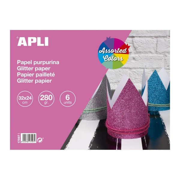Apli Bloc con 6 Cartulinas Purpurina 280gr - Ideal para Manualidades y Scrapbooking - Colores Surtidos