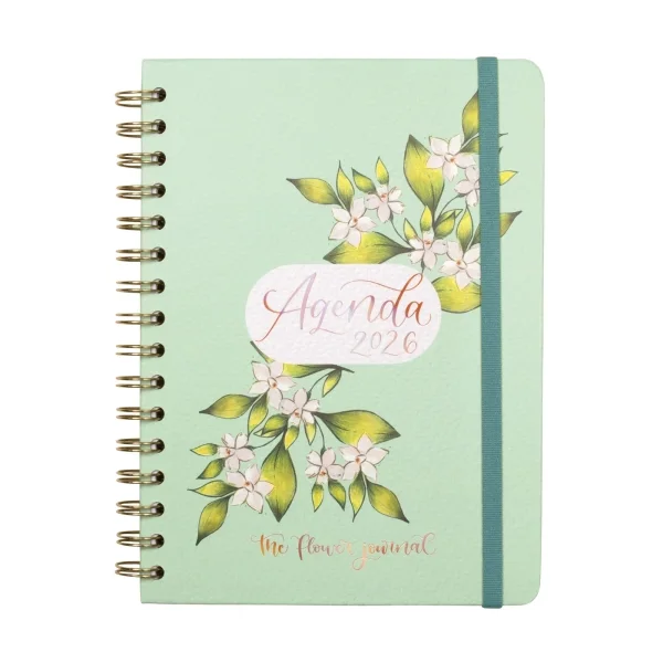 Finocam Flower Journal Agenda de Espiral en Catalan - Anual 2026 - Tapa Dura - Cierre de Goma - Formato E10 - 155X212mm - Semana Vista Horizontal - Color Verde