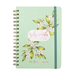 Finocam Flower Journal Agenda de Espiral en Catalan - Anual 2026 - Tapa Dura - Cierre de Goma - Formato E10 - 155X212mm - Semana Vista Horizontal - Color Verde