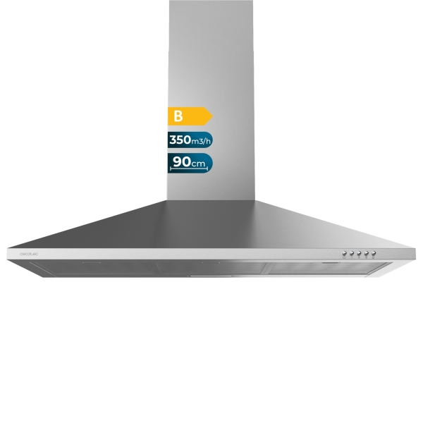 Cecotec Bolero Flux PM 903500 Inox B Campana Extractora de 90cm - 65W - Succion 350m3/h - Luz LED - Incluye Accesorios - Acero Inoxidable - Kit de Montaje - Filtros de Carbono Incluidos - Co