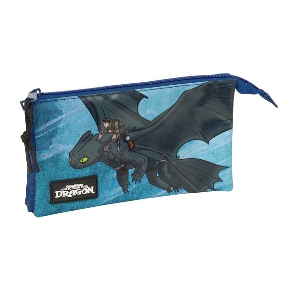 Safta Como Entrenar a Tu Dragon Portatodo - 3 Compartimentos con Cremalleras - Bolsillo Interior - 0.6L - 220x30x120mm - Color Azul Marino