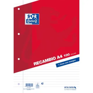 Oxford Classic Recambio de 100 Hojas Sueltas A4 1 Linea Horizontal con Margen 4 Taladros