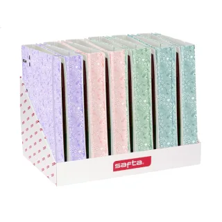 Safta Expositor con 12 Carpetas de 4 Anillas 35mm - Tapas de PP Foam - Incluye 100 Hojas - Cierre Elastico - Ranura para Boligrafo - Separadores Internos - Colores Surtidos