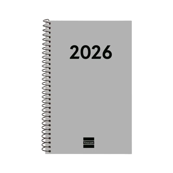 Finocam Espiral Recambio Anual 2026 para Agendas Duo - Anual 2026 - Formato E5 - 125x14x181mm - Semana Vista Horizontal - Color Gris