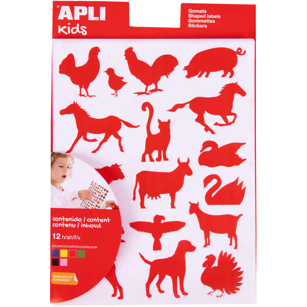 Apli Bolsa de Gomets de Adhesivo Permanente con Formas de Animales de Granja - 204 Gomets por Bolsa - Desarrolla la Psicomotricidad Fina y Cumple con Normas de Calidad y Seguridad