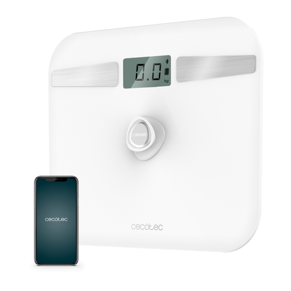 Cecotec Surface Precision 10200 Smart Healthy White Bascula Corporal hasta 180kg - Energia sin Pilas - Bluetooth - 4 Sensores - Cristal Templado - Patas Antideslizantes - Autoapagado - Color