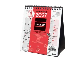 Finocam Neutro Calendario de Sobremesa - Anual 2027 - Mes Vista - Formato XS - 140x150mm - Espiral Doble - Papel de 120g/m2 - Espacio para Escribir - Color Rojo y Blanco