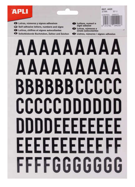 Apli Letras de Palo Mayusculas Adhesivas - Altura 20mm - Color Negro - Pack de 4 Hojas (301 Letras) · Pack de 5 uds.