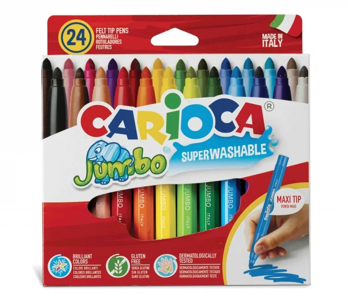Carioca Jumbo Pack de 24 Rotuladores - Cuerpo Octogonal Maxi - Tinta Superlavable - Punta Maxi 6mm Bloqueada - Tapa Ventilada - Color Varios