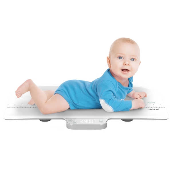 Cecotec Nana BabyCare Smart Weight Bascula para Bebes - Capacidad hasta 40kg - Pantalla LED Clara - Gran Superficie de Soporte - Metro para Medir hasta 60cm - Apagado Automatico - Color Blan