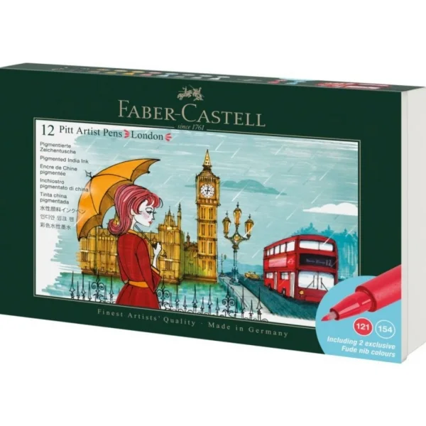 Faber-Castell Pitt Artist Pen Brush City Collection London Estuche con 12 Rotuladores Punta Pincel - Tinta Pigmentada - Alta Resistencia a la Luz - No Traspasa el Papel - Colores Surtidos