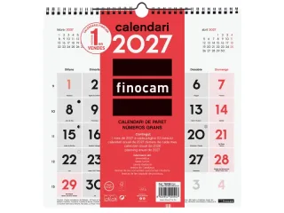 Finocam Neutro Calendario de Pared en Catalan - Anual 2027 - Mes Vista - 300x300mm - Espiral Doble - Papel de 120g/m2 - Numeros Grandes - Color Rojo y Blanco
