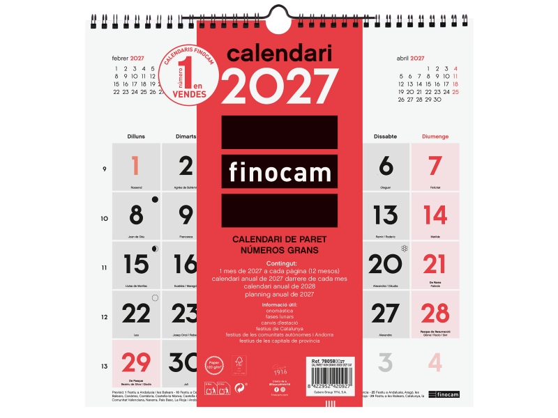 Finocam Neutro Calendario de Pared en Catalan - Anual 2027 - Mes Vista - 300x300mm - Espiral Doble - Papel de 120g/m2 - Numeros Grandes - Color Rojo y Blanco