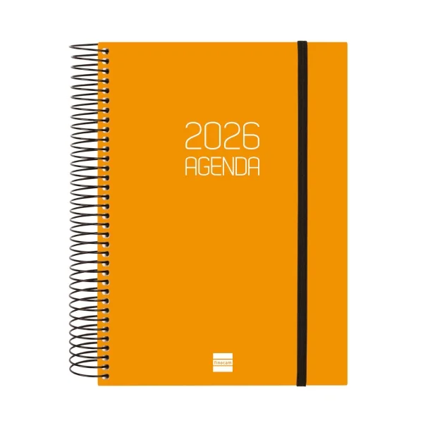 Finocam Opaque Agenda de Espiral en Catalan - Anual 2026 - Tapa Ligera - Cierre con Goma Elastica - Formato E10 - 175x29x212mm - 1 Dia por Pagina - Color Naranja