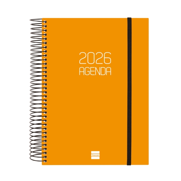 Finocam Opaque Agenda de Espiral en Catalan - Anual 2026 - Tapa Ligera - Cierre con Goma Elastica - Formato E10 - 175x29x212mm - 1 Dia por Pagina - Color Naranja