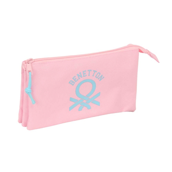 Safta Benetton Basics Portatodo - 3 Compartimentos con Cremalleras - Bolsillo Interior - 0.6L - 220x30x120mm - Color Rosa Pastel