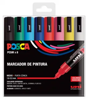 Posca PC-5M/8C Estuche de 8 Marcadores de Pintura - Punta de Poliester 1.8-2.5mm - Tinta Base al Agua - Resistente a la Luz - No Permanente - Color Surtido
