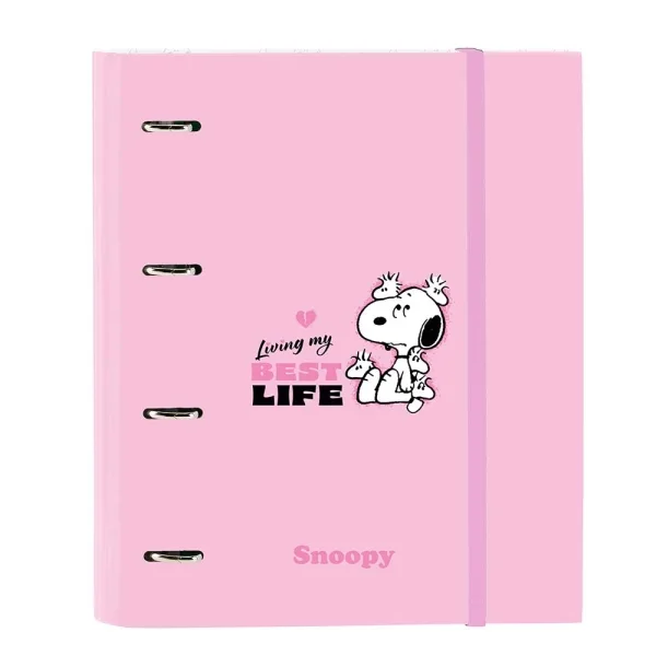 Safta Snoopy Carpeta de 4 Anillas de 35mm - Recambio de 100 Hojas A4 - Cuadricula de 5x5mm - 80g/m2 - Separadores Internos - Goma Elastica - 27x32x3.5cm - Color Rosa