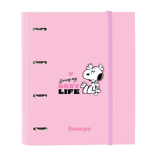Safta Snoopy Carpeta de 4 Anillas de 35mm - Recambio de 100 Hojas A4 - Cuadricula de 5x5mm - 80g/m2 - Separadores Internos - Goma Elastica - 27x32x3.5cm - Color Rosa