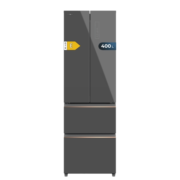 Cecotec Bolero CoolMarket Combi F2D 400 Grey Glass E Frigorifico Puerta Francesa de 4 Puertas - Capacidad 400L - Luz LED - Compresor Inverter - Total Nofrost - Frio Envolvente - 60x64x191cm
