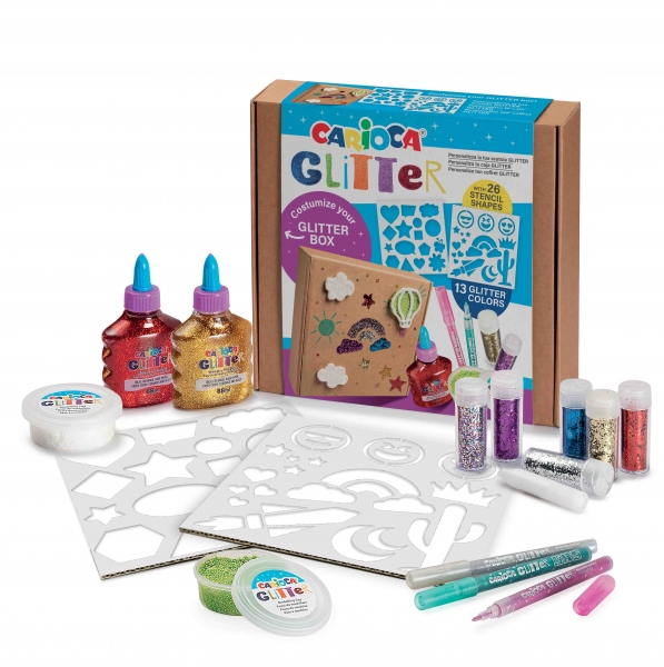 Carioca Glitter Creator Pack de 13 Productos Glitter y 26 Plantillas - 2 Botellitas de Glitter Glue - 2 Botes de Pasta de Modelar Elastica Glitter Clay - 3 Rotuladores Glitter - 6 Purpurinas