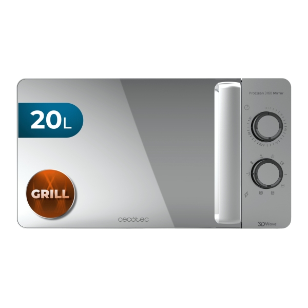 Cecotec Proclean 3160 Mirror Microondas - 700W - Capacidad 20L - Grill de 800W - Tecnologia 3DWave - Modo Descongelar - 6 Niveles - Avisador Acustico - Color Acero
