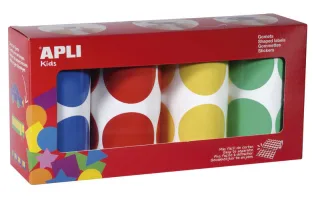 Apli Pack de 4 Rollos de Gomets Redondos Ø 45mm - 354 Gomets por Rollo - Adhesivo Permanente - 1416 Gomets en Total - Ideales para Escuelas Infantiles - Colores Azul, Rojo, Amarillo y Verde