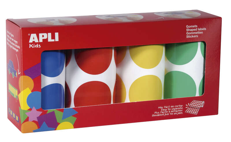 Apli Pack de 4 Rollos de Gomets Redondos Ø 45mm - 354 Gomets por Rollo - Adhesivo Permanente - 1416 Gomets en Total - Ideales para Escuelas Infantiles - Colores Azul, Rojo, Amarillo y Verde