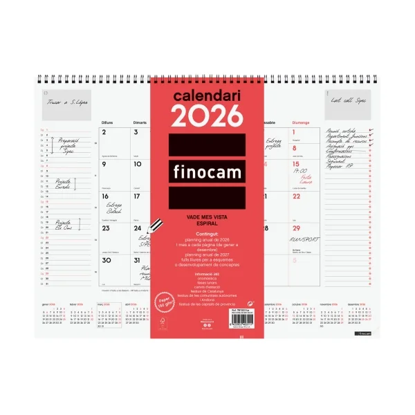 Finocam Vade Calendario de Sobremesa en Catalan - Anual 2026 - con Espiral - 420x8x320mm - Mes Vista - Color Blanco y Rojo