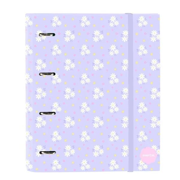 Safta Bouquet Carpeta con 4 Anillas 35mm - Tapas Duras Forradas - Recambio 100 Hojas - Cierre Elastico - Incluye Separadores - Hojas de 80g/m2 - 270x35x320mm - Color Violeta