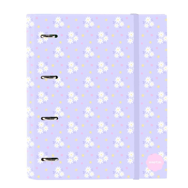 Safta Bouquet Carpeta con 4 Anillas 35mm - Tapas Duras Forradas - Recambio 100 Hojas - Cierre Elastico - Incluye Separadores - Hojas de 80g/m2 - 270x35x320mm - Color Violeta
