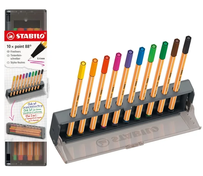 Stabilo Point 88 Set de Mesa con 10 Rotuladores de Punta de Fibra - Trazo de 0.4mm aprox. - Tinta con Base de Agua - Colores Surtidos
