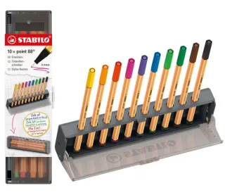 Stabilo Point 88 Set de Mesa con 10 Rotuladores de Punta de Fibra - Trazo de 0.4mm aprox. - Tinta con Base de Agua - Colores Surtidos