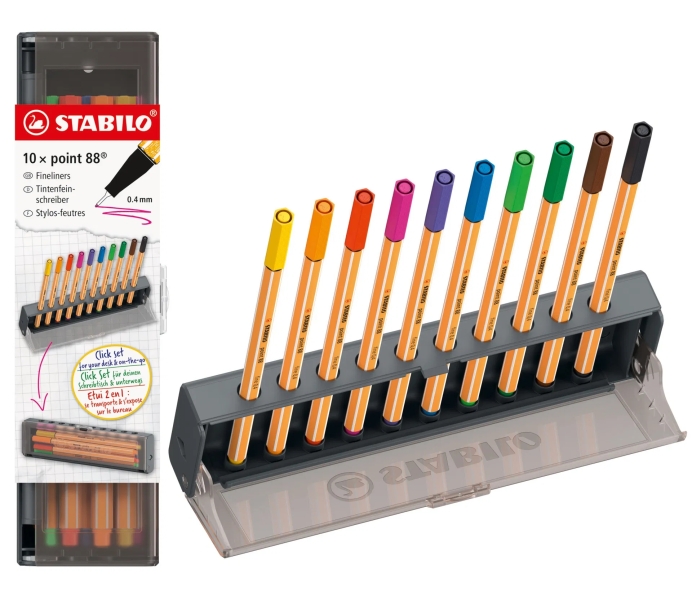 Stabilo Point 88 Set de Mesa con 10 Rotuladores de Punta de Fibra - Trazo de 0.4mm aprox. - Tinta con Base de Agua - Colores Surtidos
