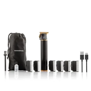 Innovagoods Triher Cortapelos Profesional Recargable - Autonomia 3h - Peines Surtidos - Resistente al Agua - Bateria 1200mAh - Pantalla LCD - Incluye Accesorios - 4x16x3cm - Color Negro y Do
