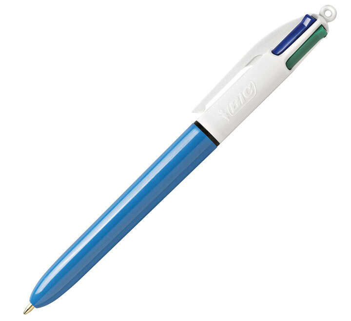 Bic 4 Colours Original Boligrafo de Bola Retractil - Punta Media de 1.0 mm - Tinta con Base de Aceite - Cuerpo Azul/Blanco - 4 Colores · Pack de 12 uds.