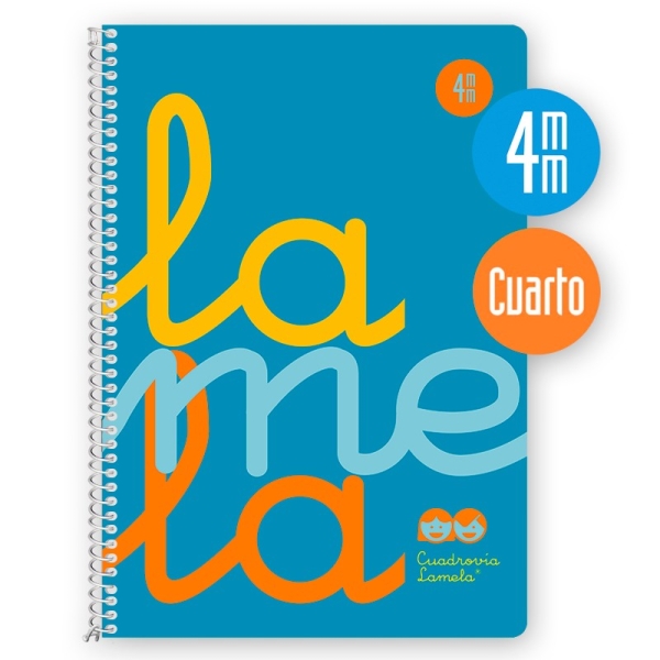 Lamela Cuaderno Espiral con 80 Hojas de 90g/m2 con Margen - Formato Cuarto - Pauta Cuadrovia de 4mm - Cubierta Extra Dura - Papel Offset Blanco Extra - Color Azul