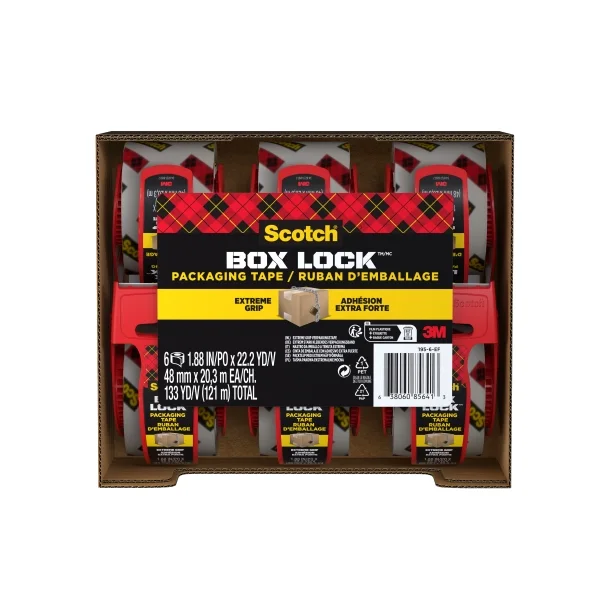 Scotch Box Lock Pack de 6 Precintos de Embalaje - 48mm x 20.3m - Incluye Dispensador - Color Transparente