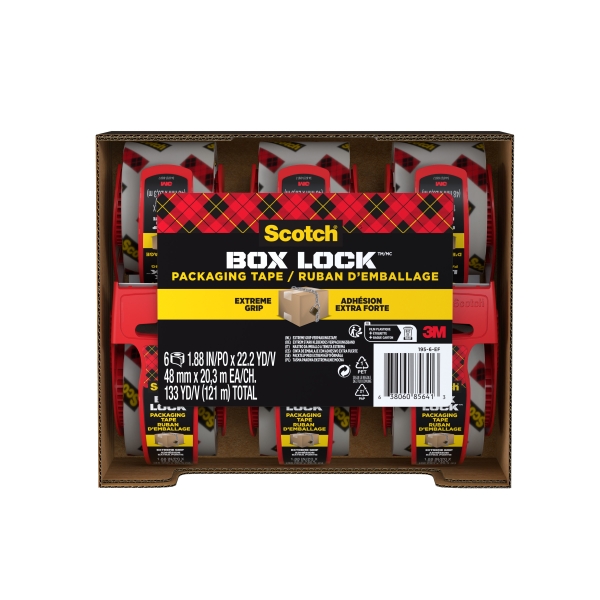 Scotch Box Lock Pack de 6 Precintos de Embalaje - 48mm x 20.3m - Incluye Dispensador - Color Transparente